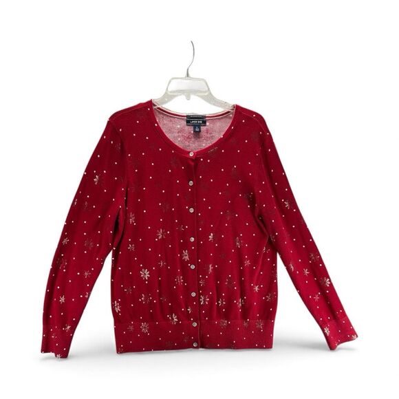 Lands’ End Supima Cotton Red Snowflake Cardigan Women’s L Holiday Sweater - Picture 2 of 10